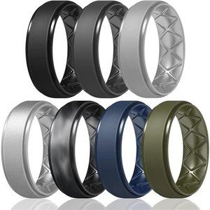 7 Pack Breathable Silicone Rings Mens with Half Sizes Ring Rubber Wedding Bands